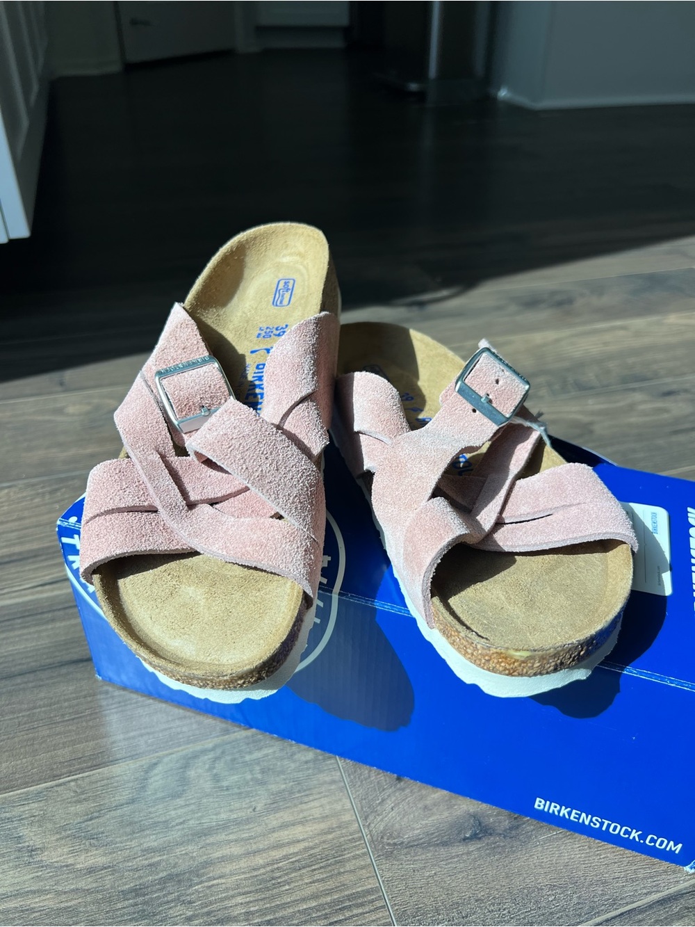Birkenstock Lugano Pink Suede Cross-Strap Slide Sandals - Picture 2 of 6